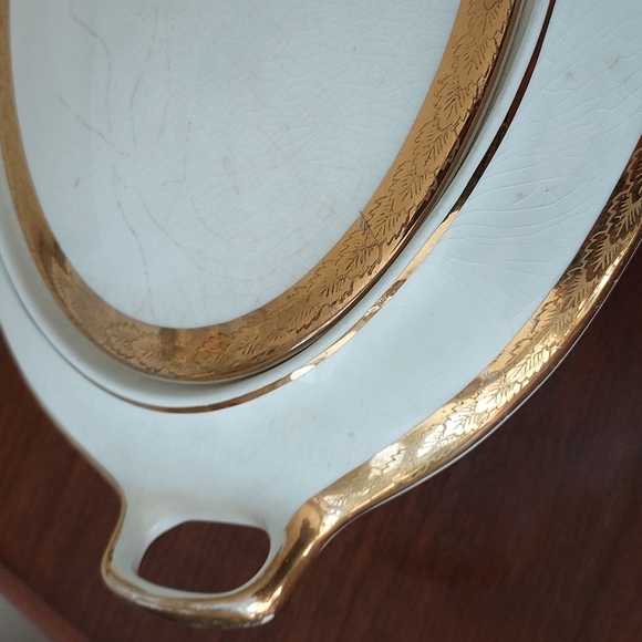 Saxon China 18k gold 6090g covered dish Vintage ivory gold leaf 🌿 trim cira1915 - Picture 4 of 16